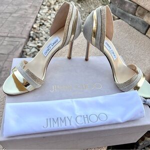 Jimmy Choo Gold and Beige Suede Open-Toe Stiletto Heels